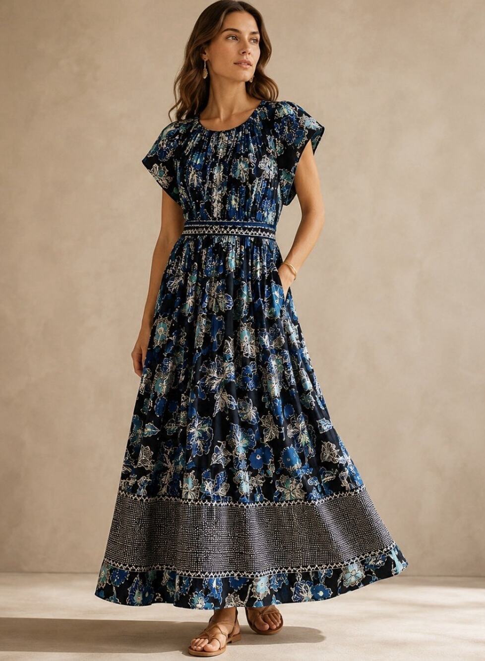 Ulla Johnson Floral Maxi Dress Blue Teal Embroidered Pintuck Boho Peasant Sz 0